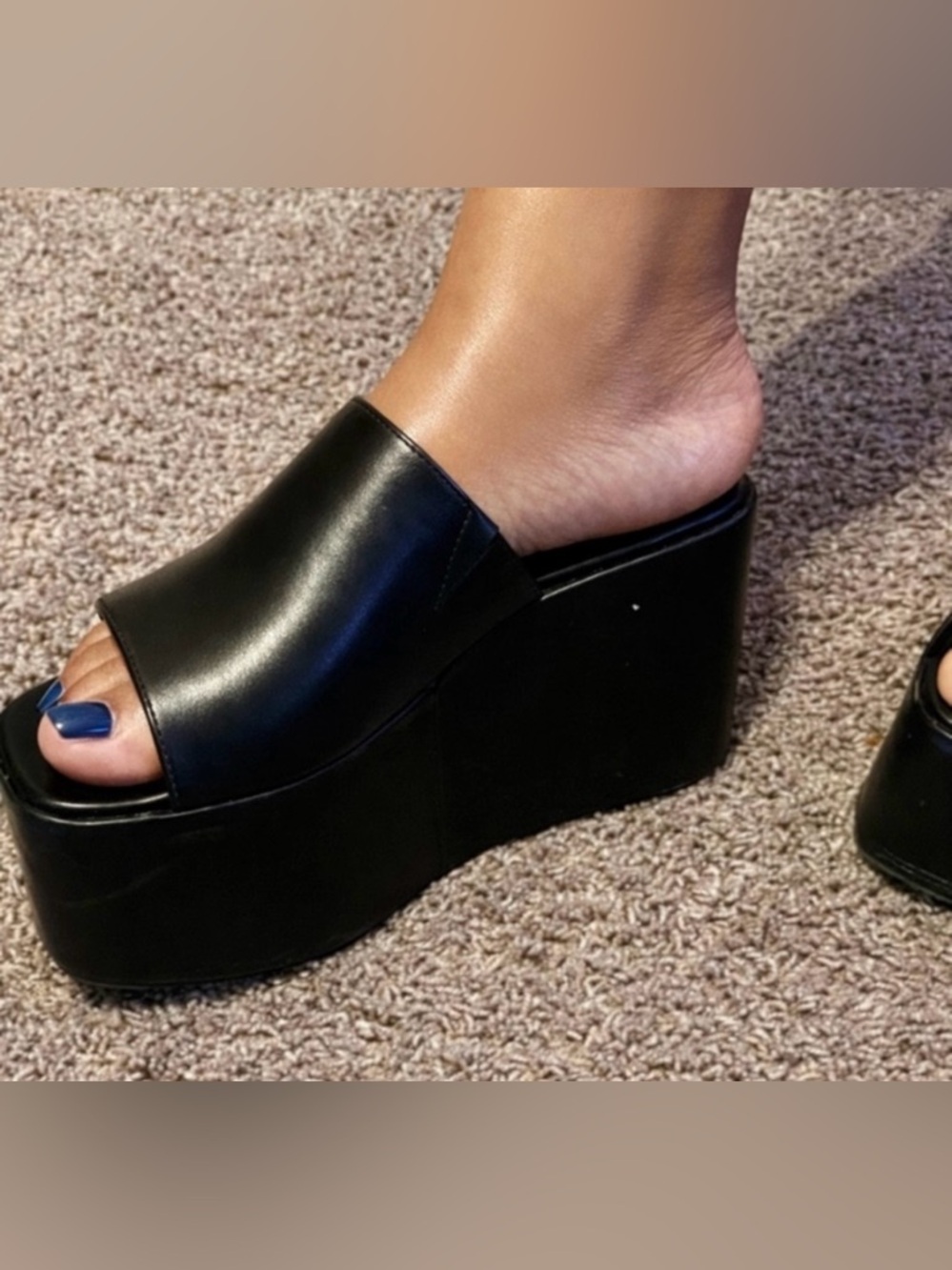 PrettyLittleThing Black Leather Platform Mule Slide Sandals Size 9 chunky wedge